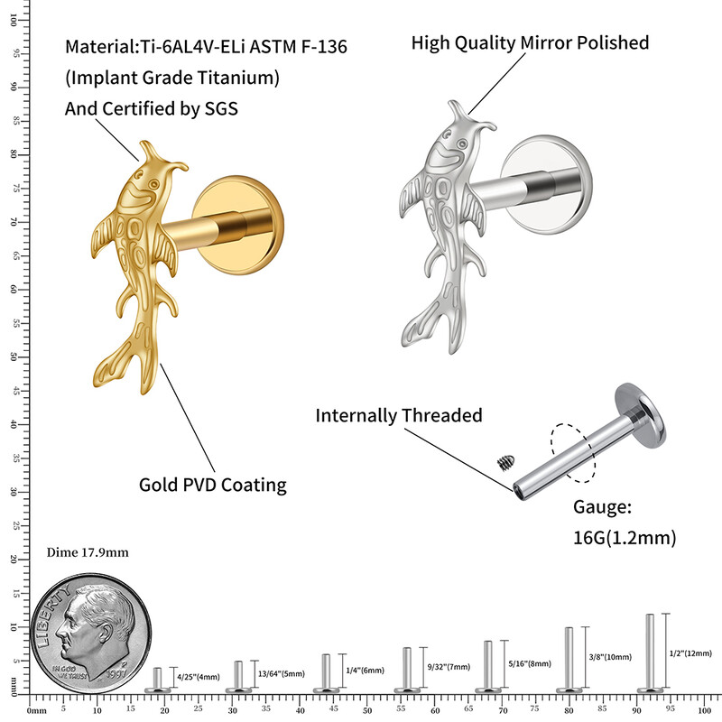 Right Grand ASTM F136 Titanium Koi Riblja hrskavica Naušnica Tiny Tragus Stud Helix Conch Flatback Piercing 16G Nakit za životinjsko tijelo