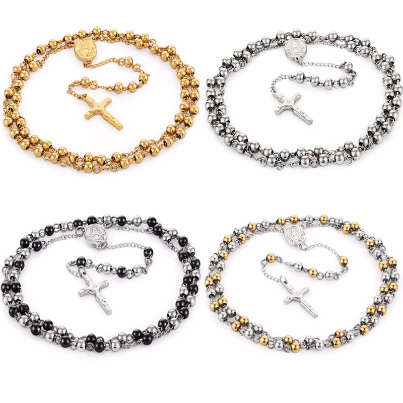 Colier cu margele din oțel inoxidabil Rozariu de culoare aurie Coliere Pandantive Cruce Iisus Hristos Lanț lung Bărbați Femei Bijuterii Cadou NZ009