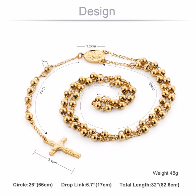 Colier cu margele din oțel inoxidabil Rozariu de culoare aurie Coliere Pandantive Cruce Iisus Hristos Lanț lung Bărbați Femei Bijuterii Cadou NZ009