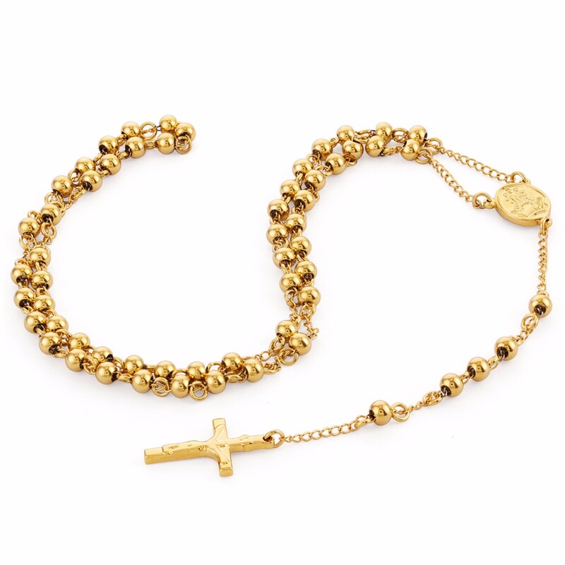 Colier cu margele din oțel inoxidabil Rozariu de culoare aurie Coliere Pandantive Cruce Iisus Hristos Lanț lung Bărbați Femei Bijuterii Cadou NZ009