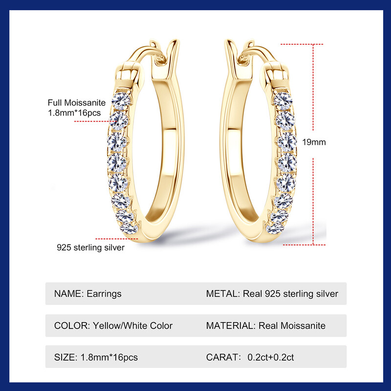Κρίκοι 1,8 χιλιοστά Moissanite σκουλαρίκια για γυναίκες Real 925 Sliver επιμεταλλωμένο κίτρινο χρυσό σκουλαρίκι με κρίκοι Εκλεκτά κοσμήματα Χριστουγεννιάτικα δώρα