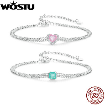 WOSTU 925 Sterling Silver Ice Pink Heart Lanț Brățară pentru femei Trei straturi margele Lant Link-uri Bijuterii de nunta Cadou de Valentine`s