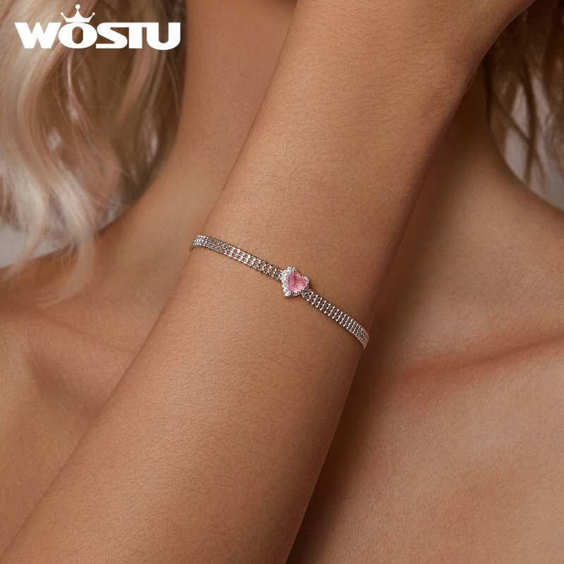 WOSTU 925 Sterling Silver Jääroosa Südameketi Käevõru Naistele Kolmekihilised helmed Ketilingid Pulmaehted Sõbrapäeva kingitus