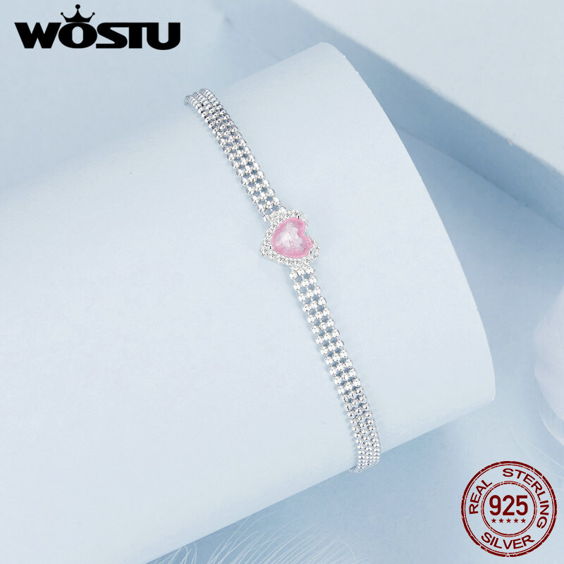 WOSTU 925 Sterling Silver Jääroosa Südameketi Käevõru Naistele Kolmekihilised helmed Ketilingid Pulmaehted Sõbrapäeva kingitus