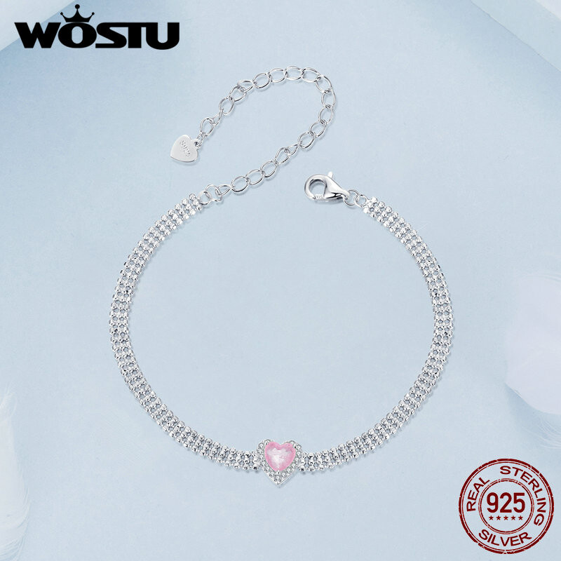 WOSTU 925 Sterling Silver Jääroosa Südameketi Käevõru Naistele Kolmekihilised helmed Ketilingid Pulmaehted Sõbrapäeva kingitus