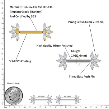 Right Grand ASTM F136 Titanium 14G Threadless Push Pin Nipple Barbell Marquise CZ Cluster Nipple Shield Пръстен за пиърсинг Бижута
