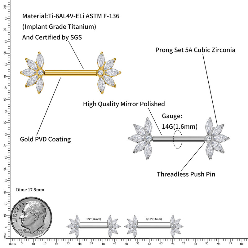 Parem Grand ASTM F136 titaanist 14G keermeta surutihvtiga nibukangiga Marquise CZ klastri nibukilbiga rõnga augustamise ehted