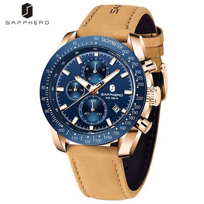Ανδρικό δερμάτινο ρολόι SAPPHERO Fashion Quartz Επώνυμο Luxury Ανδρικό Αδιάβροχο Αθλητικό Ρολόι Χρονογράφος