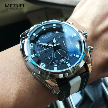 Ανδρικά ρολόγια χαλαζία Chronograph MEGIR Fashion Δερμάτινο λουρί Φωτεινά χέρια 24ωρο αθλητικό αναλογικό ρολόι χειρός για τον άνδρα 2076 Λευκό