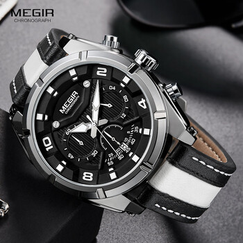 Ανδρικά ρολόγια χαλαζία Chronograph MEGIR Fashion Δερμάτινο λουρί Φωτεινά χέρια 24ωρο αθλητικό αναλογικό ρολόι χειρός για τον άνδρα 2076 Λευκό