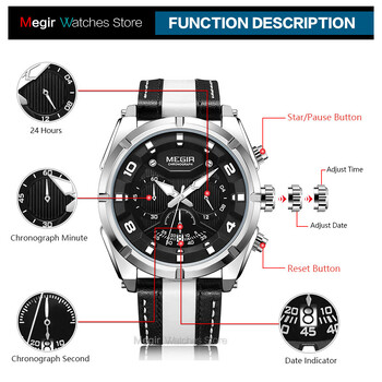 Ανδρικά ρολόγια χαλαζία Chronograph MEGIR Fashion Δερμάτινο λουρί Φωτεινά χέρια 24ωρο αθλητικό αναλογικό ρολόι χειρός για τον άνδρα 2076 Λευκό