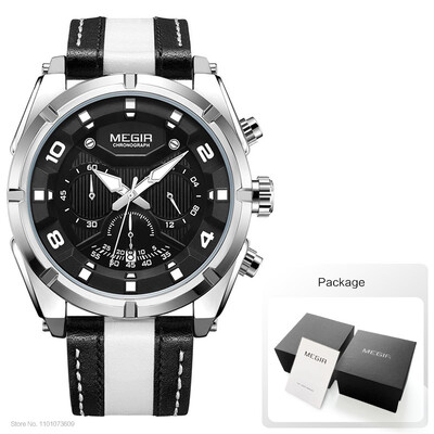 MEGIR Fashion meeste kronograaf, kvartskellad, nahkrihm, helendavad käed, 24-tunnine spordianaloog käekell meestele 2076 valge