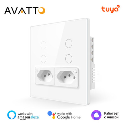 AVATTO Tuya WiFi/ZigBee Smart Brazil fali kapcsoló és aljzat, szabványos 4x4 üvegpanel 4 gombos kapcsoló működik az Alexa Google Home szolgáltatással