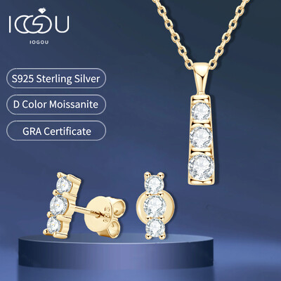 Set de bijuterii 100% argint 925 placat cu aur de 14K 3 pietre D VVS1 Moissanite Colier pandantiv Set de cercei pentru femei Cadou de aniversare