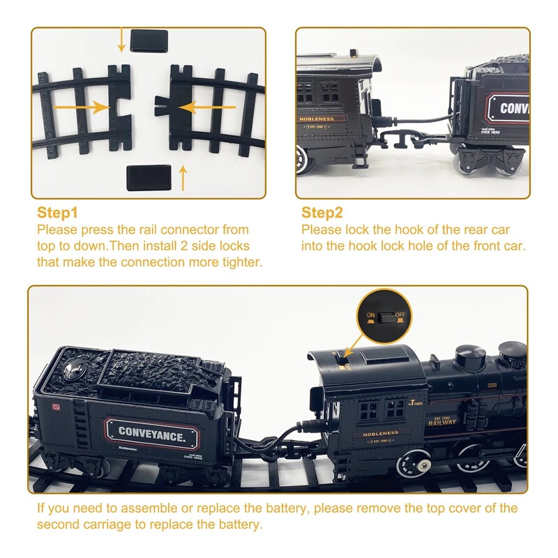 Vilciena komplekts - elektriskās vilciena rotaļlietas ar dūmiem. Gaisma un skaņas, vilcienu komplekti zēniem ar tvaika lokomotīves dzinēju. Vagoni un kāpurķēdes