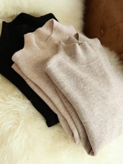 Есенно-зимни шикозни долни пуловери Дамски модни пуловери с висока яка и тънки плетени джъмпери с дълъг ръкав Меко, топло издърпване Femme Top