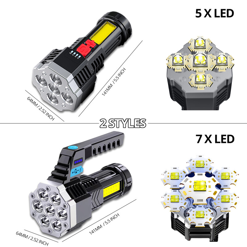 Lanterne cu LED-uri reîncărcabile de mare putere, lanternă de camping cu 7 LED, cu lumină laterală Cob, iluminare ușoară în aer liber Material ABS