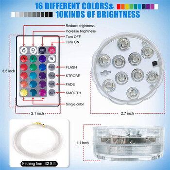 10leds RGB Led Υποβρύχιο Φως Υποβρύχιο Φωτιστικό Νυχτερινής Λειτουργίας Μπαταρία Φως Κήπου Πισίνας Μπολ Βάζο για Γαμήλια Πάρτυ