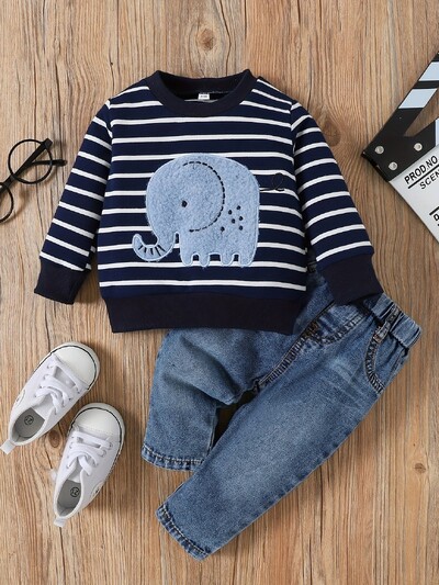 0-24 kuud kevad sügis uus poiss, tüdruk ja väikelaps elevanditriibuline vabaaja armas mustriga teksakomplekt