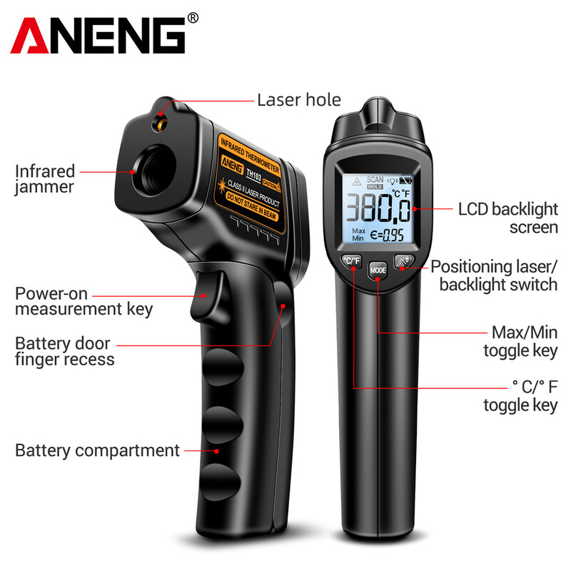 ANENG TH103 Clasa II Termometru cu infraroșu cu laser Tester pentru senzori de temperatură Pistol -20°C~380℃ Instrument de testare a tuburilor termice industriale