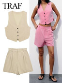 TRAF 2024 Ženski elegantni komplet kratkih hlača bez rukava s jednokopčanim kopčanjem s V izrezom + tanke kratke hlače Žensko uredsko odijelo