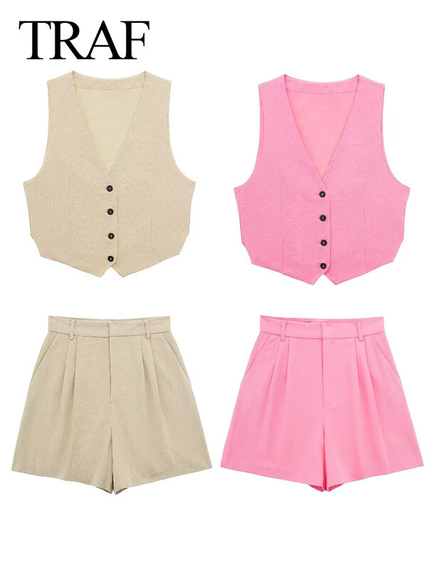 TRAF 2024 Ženski elegantni komplet kratkih hlača bez rukava s jednokopčanim kopčanjem s V izrezom + tanke kratke hlače Žensko uredsko odijelo