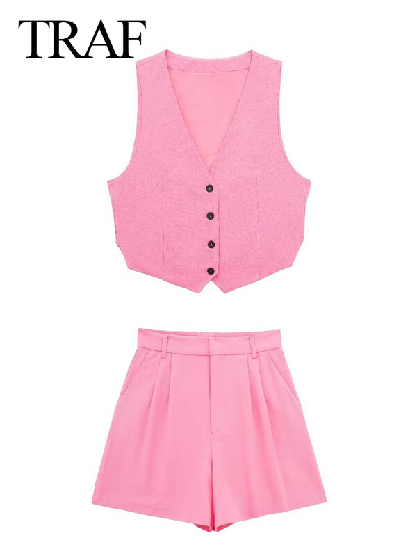 TRAF 2024 Ženski elegantni komplet kratkih hlača bez rukava s jednokopčanim kopčanjem s V izrezom + tanke kratke hlače Žensko uredsko odijelo