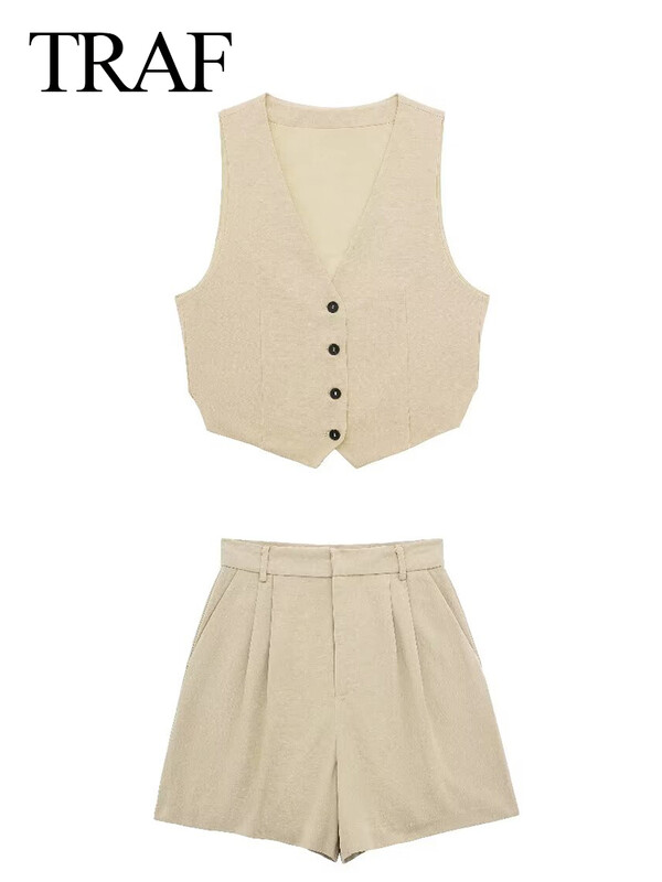 TRAF 2024 Ženski elegantni komplet kratkih hlača bez rukava s jednokopčanim kopčanjem s V izrezom + tanke kratke hlače Žensko uredsko odijelo