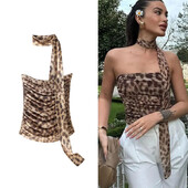 TRAF Leopard Tulle Crop Top Moteriški Spausdinti Ruched Korseto Viršutinė Moteriška Vintažinė Vasarinė Viršutinė Seksualūs Vakarėliui Top Be nugaros