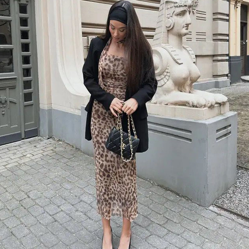TRAF Leopard Tulle Crop Top Moteriški Spausdinti Ruched Korseto Viršutinė Moteriška Vintažinė Vasarinė Viršutinė Seksualūs Vakarėliui Top Be nugaros
