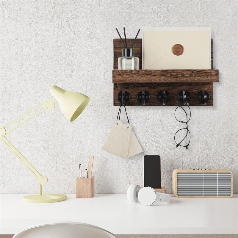 Dekoratyvinis sodybos raktų laikiklis sienai – modernios raktų lentynos, skirtos svetainei dekoruoti sieną, ir pašto dėžutė su lentyna butui