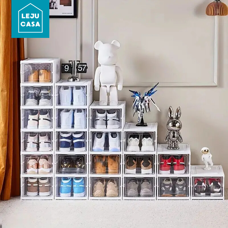 6-kihiline kokkupandav jalatsihoidja läbipaistev toss Lihtne kokku panna Tolmukindel virnastatav jalatsihoidik koos kaanega