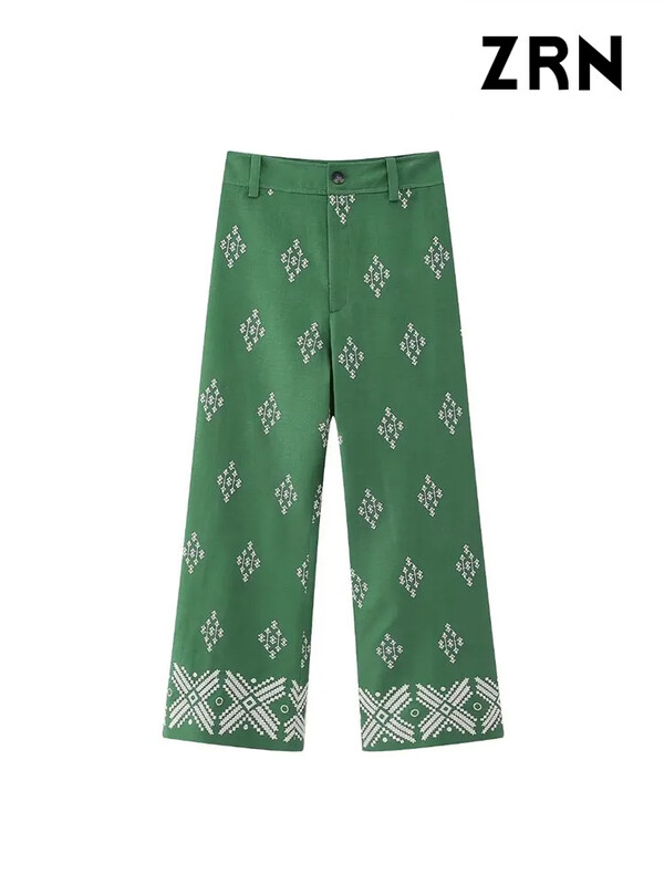 ZRN Γυναικεία μόδα Κέντημα Λινά ίσια παντελόνια Vintage φερμουάρ ψηλόμεσο Fly Γυναικείο παντελόνι στον αστράγαλο Mujer