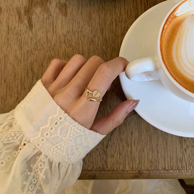 Δαχτυλίδι τουλίπα Γυναικείο φωτεινό πολυτελές ιδιοσυγκρασίας κυβικό ζιρκόνιο επιχρισμένο δαχτυλίδι λουλουδιών γάτας με ανοιγόμενο ρυθμιζόμενο καλοκαιρινό δαχτυλίδι