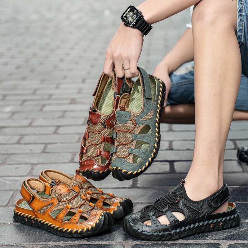 Sandale de vară lucrate manual pentru bărbați, pantofi din piele respirabilă, pentru bărbați, retro, în aer liber, sandale pentru bărbați, sandale antiderapante, pentru plajă, încălțăminte.