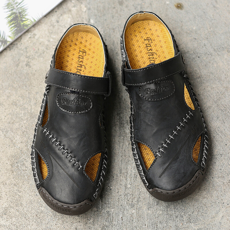 Sandale pentru bărbați din piele naturală în aer liber, de vară, anti-alunecare, anti-coliziune, cu vârful de la picioare, pantofi ocazionali pentru plajă, plimbări, drumeții, pantofi de călătorie pentru bărbați