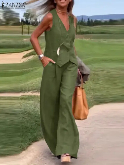 Europietiški ir amerikietiški tarpvalstybiniai drabužiai 2024 m. naujas mados vienspalvis kostiumas liemenė kelnės koliažo sujungimas laisvalaikio dviejų dalių komplektas moterims