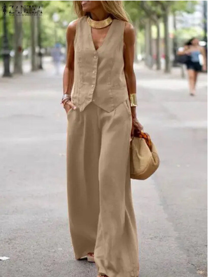 Europietiški ir amerikietiški tarpvalstybiniai drabužiai 2024 m. naujas mados vienspalvis kostiumas liemenė kelnės koliažo sujungimas laisvalaikio dviejų dalių komplektas moterims