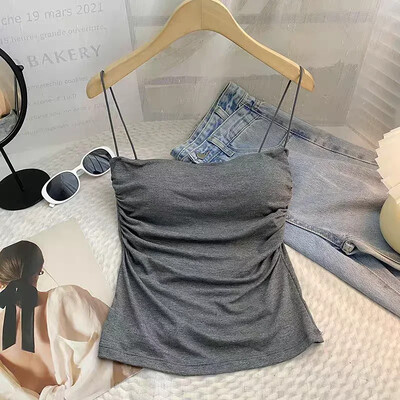 Suvine naiste valge ülaosa varrukateta õhukesed rihmad Camisole ühevärviline paakitop koos tassidega Summer Ice Silk Mugav Sling