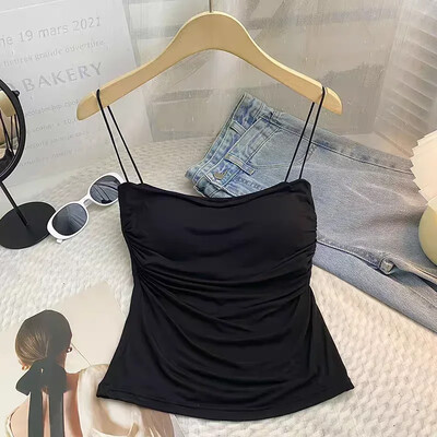 Suvine naiste valge ülaosa varrukateta õhukesed rihmad Camisole ühevärviline paakitop koos tassidega Summer Ice Silk Mugav Sling