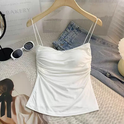 Suvine naiste valge ülaosa varrukateta õhukesed rihmad Camisole ühevärviline paakitop koos tassidega Summer Ice Silk Mugav Sling