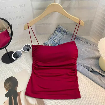 Suvine naiste valge ülaosa varrukateta õhukesed rihmad Camisole ühevärviline paakitop koos tassidega Summer Ice Silk Mugav Sling