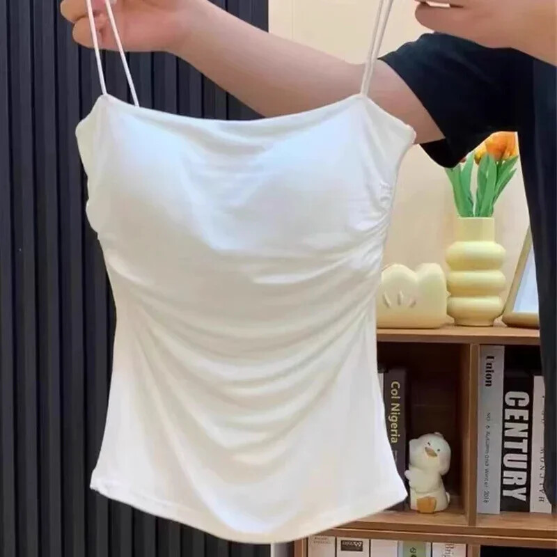 Top alb de vară pentru femei, fără mâneci, cu bretele subțiri, camisole, de culoare uni, cu cupe Vară, mătase de gheață, praștie confortabilă