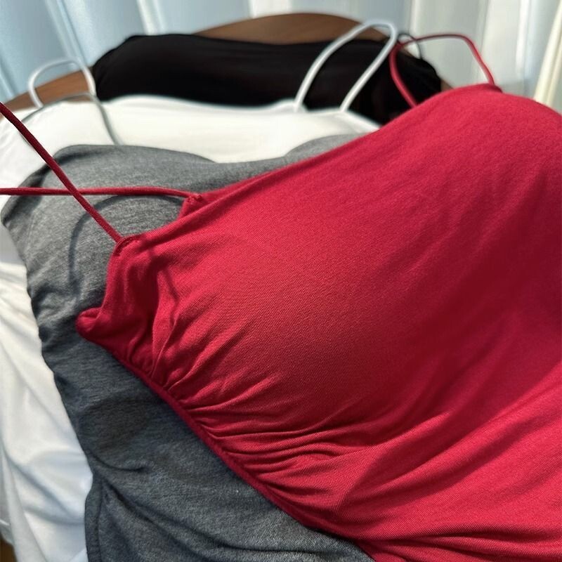 Top alb de vară pentru femei, fără mâneci, cu bretele subțiri, camisole, de culoare uni, cu cupe Vară, mătase de gheață, praștie confortabilă