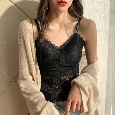 Lace Crop Top Sexy Pesu Camisole Bralette Crop Top Y2k Must Valge Sleep Tops Rihmaga polsterdatud Camis alussärk naiste mood