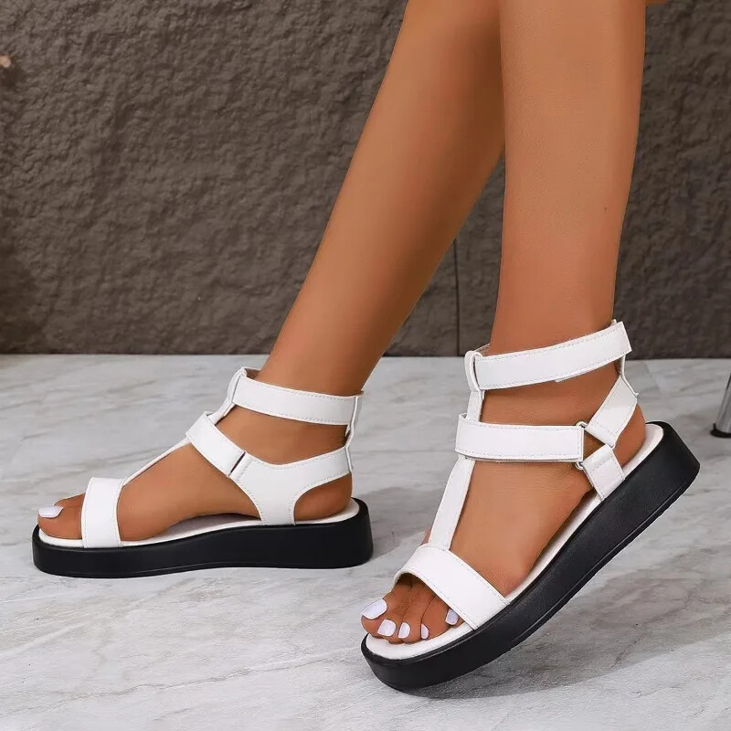 Sandale gladiator de vară pentru femei, piele de vițel, cu vârf deschis, cu bară în T, cu cârlig și buclă, pantofi de vară pentru damă, lucrați manual 2024