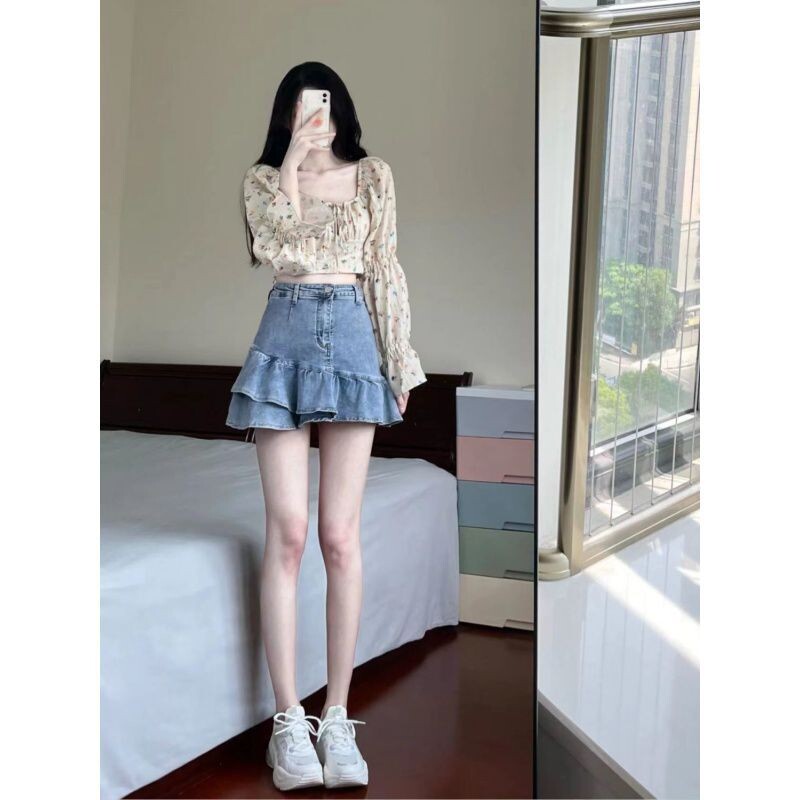 Μόδα καλοκαιρινό γυναικείο κοστούμι Νέο Hot Girl Slim σχέδιο Floral Cropped T-Shirt Universal τζιν φούστα δύο τεμαχίων