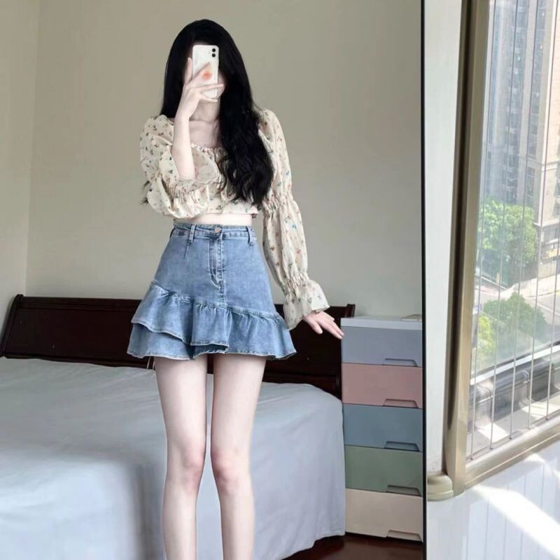 Μόδα καλοκαιρινό γυναικείο κοστούμι Νέο Hot Girl Slim σχέδιο Floral Cropped T-Shirt Universal τζιν φούστα δύο τεμαχίων