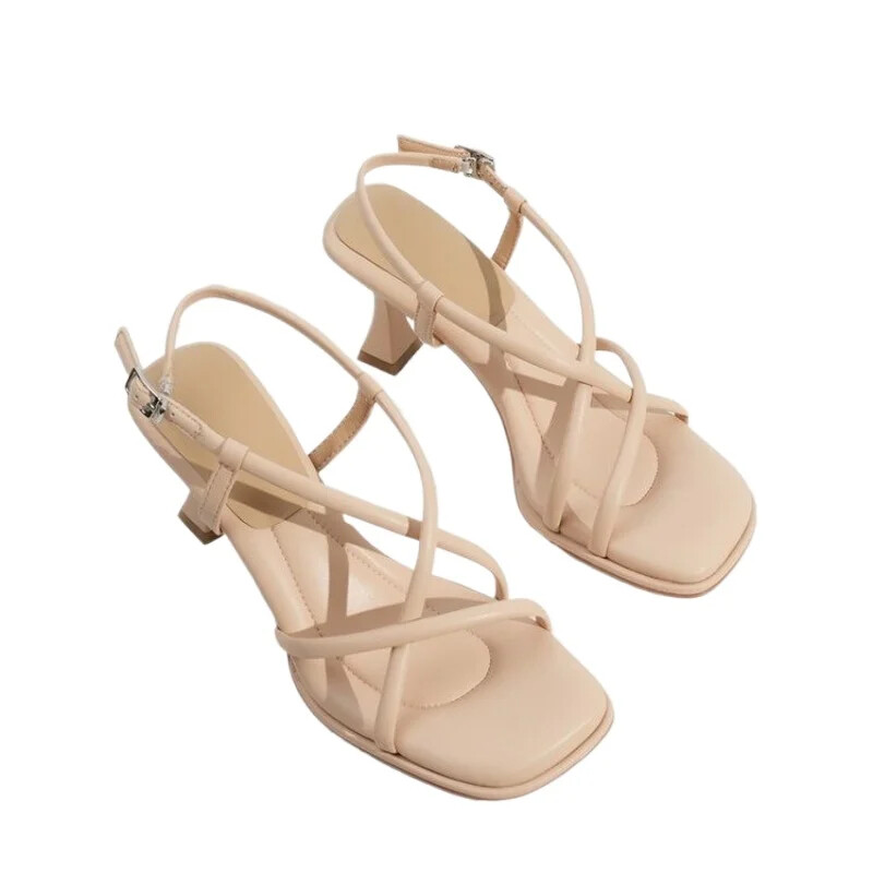 Καλοκαίρι 2024 Νέα Γυναικεία πέδιλα με χοντρό τακούνι με απλό τετράγωνο κεφάλι, γυναικεία πέδιλα με ίσια ανοιχτά δάχτυλα