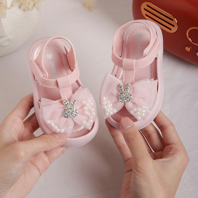 Модерни сладки заешки сандали с панделка за бебета момичета, дишащи, устойчиви на износване обувки за ходене на закрито на открито